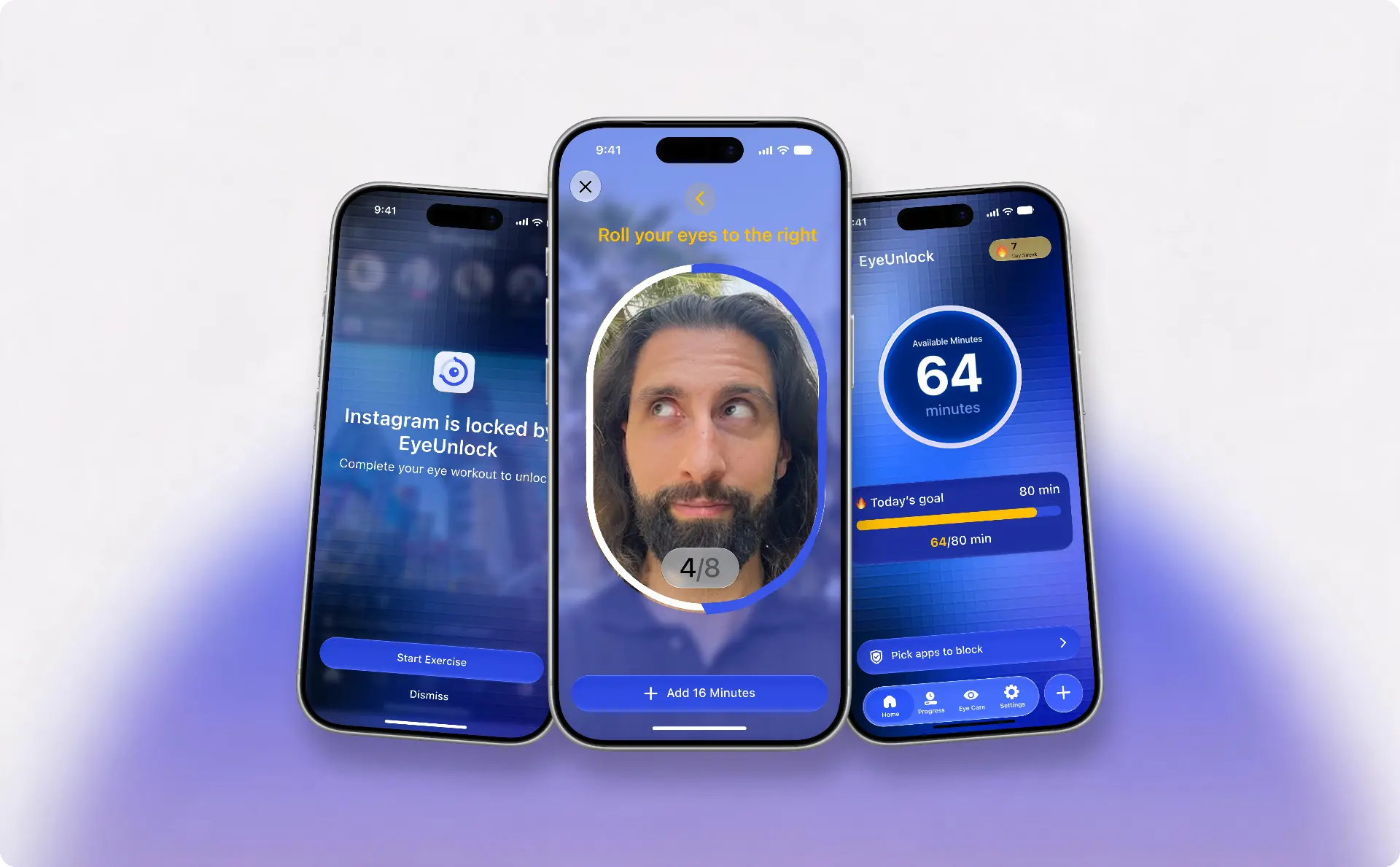 Three EyeUnlock phone screens: Instagram locked by EyeUnlock, an eye workout tracking the user's gaze, and the dashboard showing earned screen time